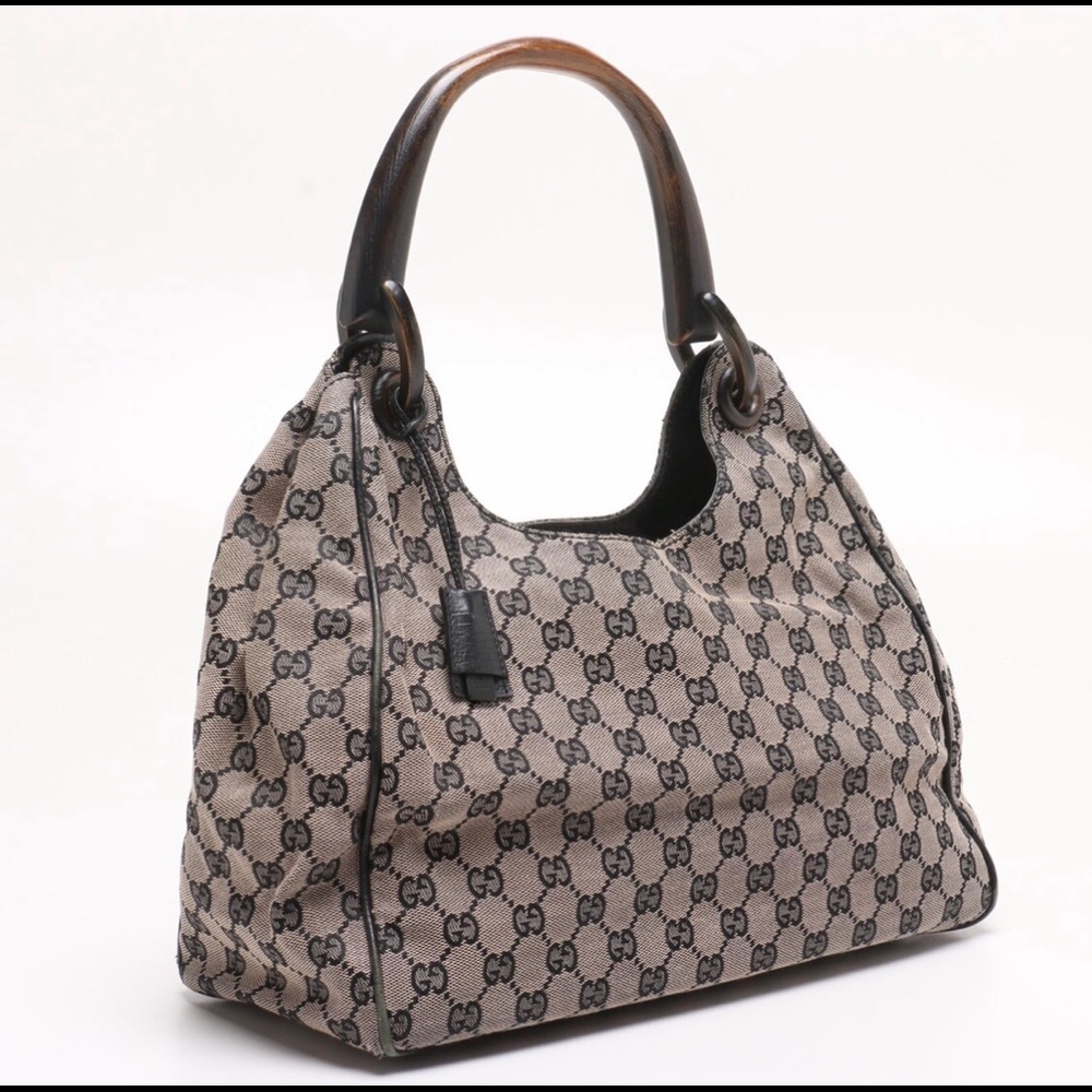 Gucci Vintage handbag, signature navy canvas/wood
